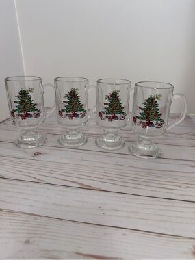 Luminarc Pedestal Christmas Tree & Holly Irish Coffee Mug Cups Set Of 4 Holiday